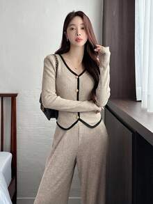 DAZY 女款拼色長袖上衣與寬腿長褲兩件套 - 卡其色 - 查看 4