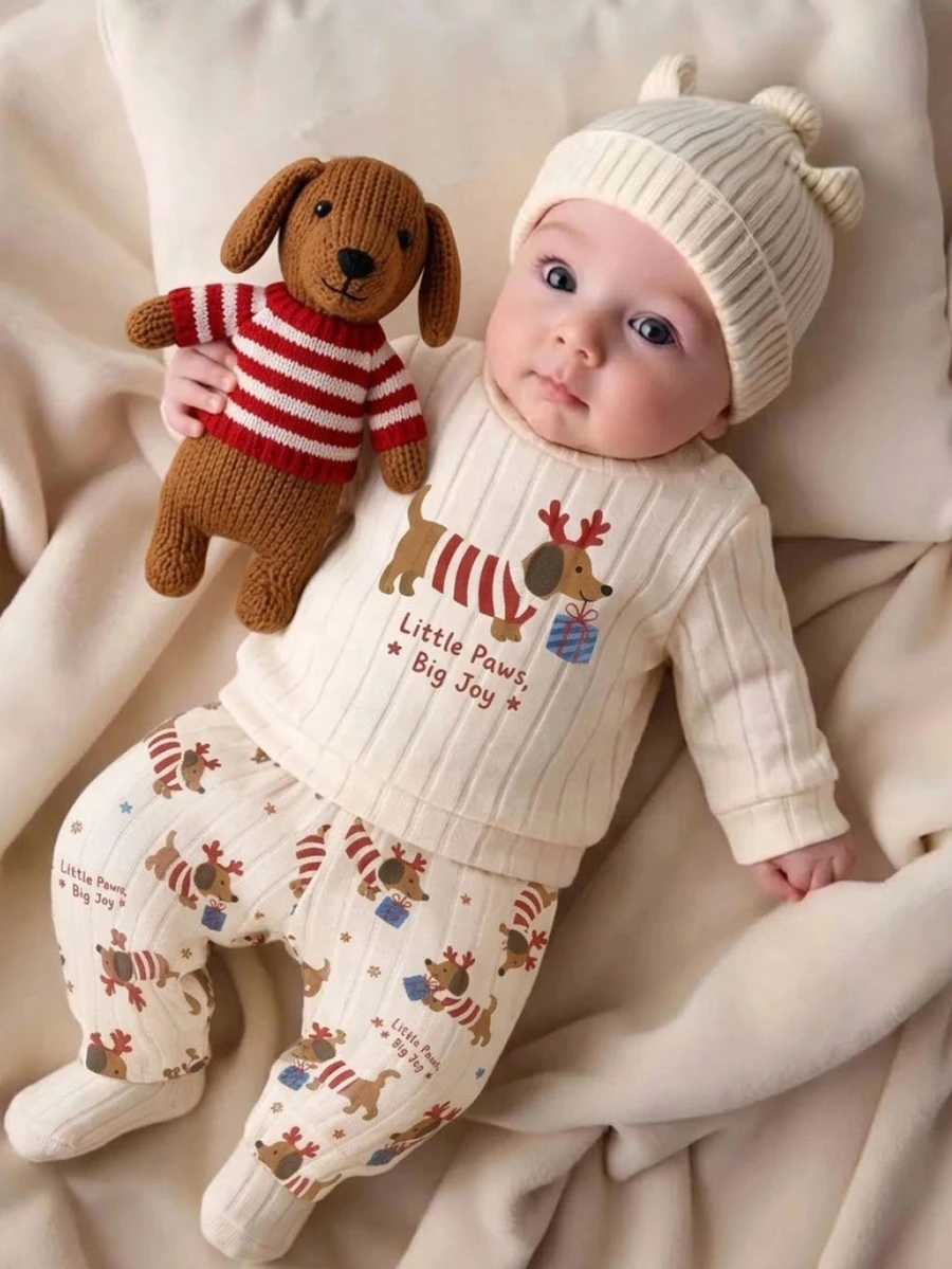 Baby Girl 2Pcs T-Shirt Set, Ribbed Crew Neck Dachshund Reindeer Graphic Long Sleeve Top & Allover Print Pants, Cute Christmas Newborn Outfit - Multicolor - View 1
