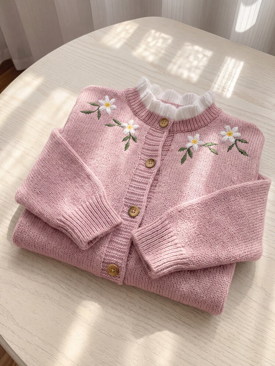 SHEIN 女童針織刺繡拼色立領休閒秋季開襟衫 - 藕粉色 - 查看 1