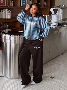 Muchica 女款秋季新款條紋針織休閒寬鬆衛衣套裝 - 藍色 - 查看 6