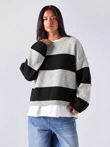 LYSMO Women's Round Neck Drop Shoulder Long Sleeve Casual Loose Striped Sweater - Multicolor - View 5
