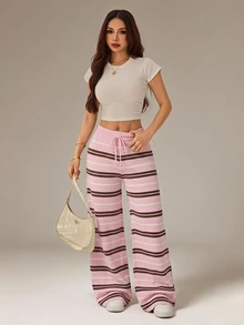 SHEIN Tall Casual Navy Striped Sweater And Pants Set For Tall Women - Pink - View 4