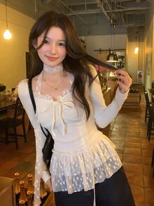 DAZY Women's Casual Ruffle Trim Long Sleeve Girlish Fresh Korean Style T-Shirt - White - View 4