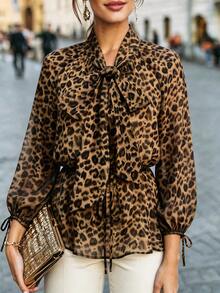 Velvienne Plus Size Women's Leopard Print Casual Versatile Daily Wear Shirt Fall - Coffee Brown - View 1