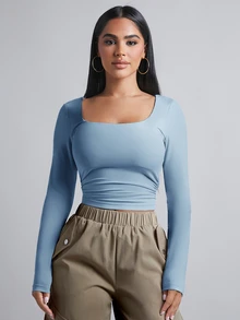 SHEIN PETITE 方領側褶皺春季女款T恤，適合嬌小女性 - 藍色 - 查看 1