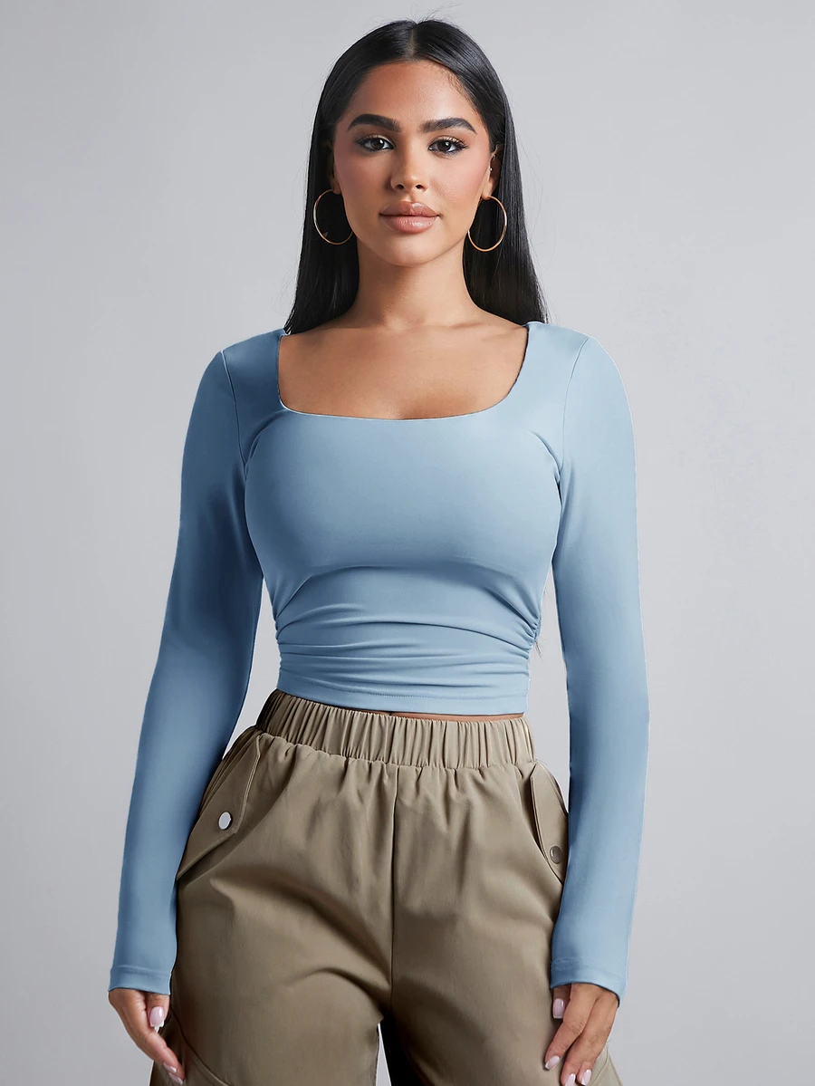 SHEIN PETITE 方領側褶皺春季女款T恤,適合嬌小女性 - 藍色 - 查看 1