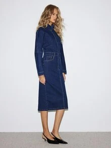 ATUI Studio Women's Stand Collar Long Sleeve Pocket Slim Fit Elegant Denim Dress - Blue - View 8
