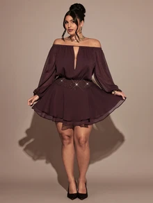 Gossip Girl X SHEIN SHEIN BAE CURVE Plus Size Women Solid Color Off-Shoulder Casual Everyday Summer Mini Dress,Red-Brown Mesh Off-Shoulder Deep V-Neck Lantern Long Sleeve Wide Waist - Coffee Brown - View 5