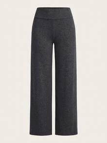 SHEIN EZwear 2件組女款休閒極簡高腰摺疊寬腿直筒長褲，適合春、夏、秋季 - 彩色 - 查看 5