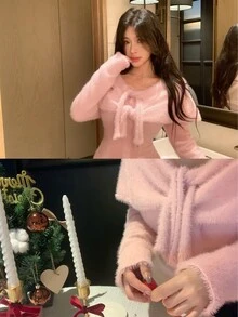 DAZY Pink V-Neck Tie Bow Fuzzy Fitted Long Sleeve Sweet Cute Girly Style Knitted Sweater - Pink - View 7