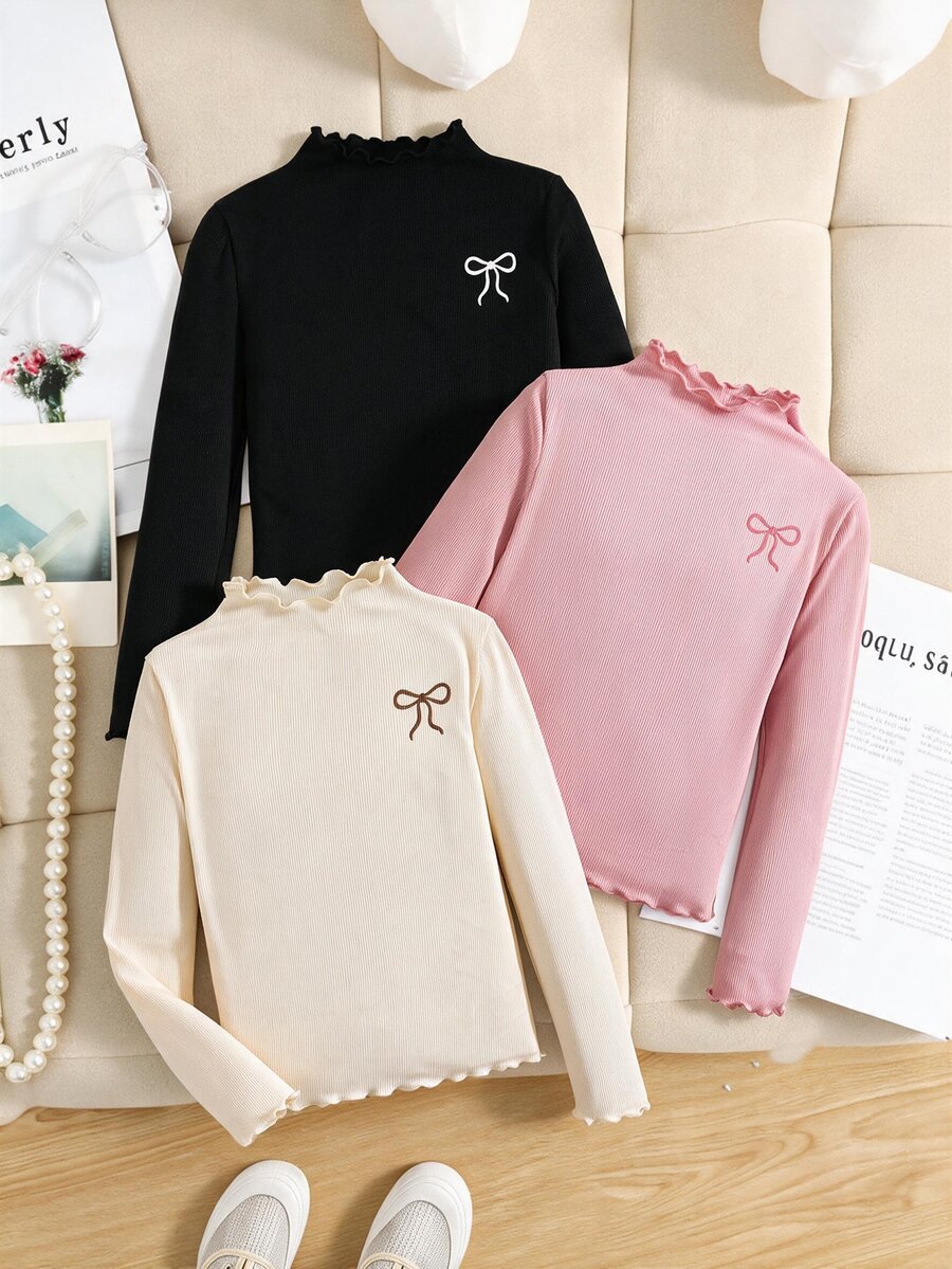 Tween Girl 3pcs Casual All-Match Versatile Solid Color Ribbed Lettuce Trim Mock Neck Tee - Multicolor - View 1