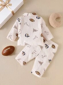 SHEIN 新生兒套裝，嬰兒秋季套裝，熱氣球印花領口套裝，長袖嬰兒春秋款，純棉面料，男女通用，日常穿著，卡通飛機、雲朵、星星與月亮印花 - 彩色 - 查看 2