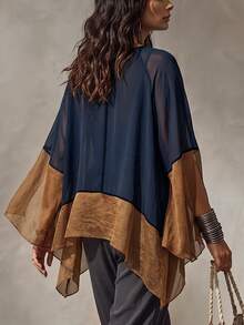 Linhara CURVE Colorblock Patchwork Sheer Mesh V-Neck Cover Up, Loose Batwing Sleeve Lightweight Airy Shirt Top - Navy Blue - View 2