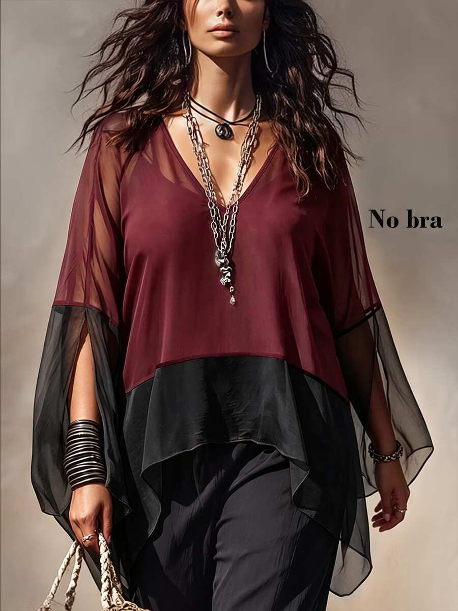 Linhara CURVE Colorblock Patchwork Sheer Mesh V-Neck Cover Up, Loose Batwing Sleeve Lightweight Airy Shirt Top - Burgundy - View 1