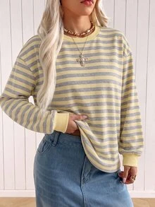 SHEIN EZwear 大尺碼女款條紋休閒百搭日常長袖T恤 秋季 - 彩色 - 查看 3
