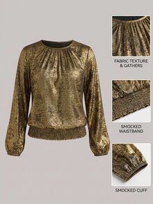 Freevana Gold Metallic Smocked Hem Blouse With Balloon Sleeves And Gathered Crew Neck, Shimmery Party Top - Gold - View 8