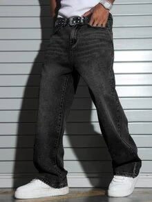 Manfinity EMRG Men's American Casual Commute Small Design Cement Dark Gray Washed Loose Straight Wide Leg Pants - Dark Grey - View 3
