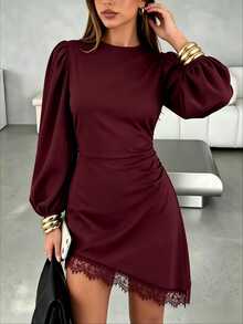 SHEIN LUNE Solid Black Round Neck Puff Long Sleeve Side Ruched Lace Hem Short Dress, Slim Fit Flattering Sexy Little Black Dress For Date, Party, Commute, Autumn/Winter - Burgundy - View 1