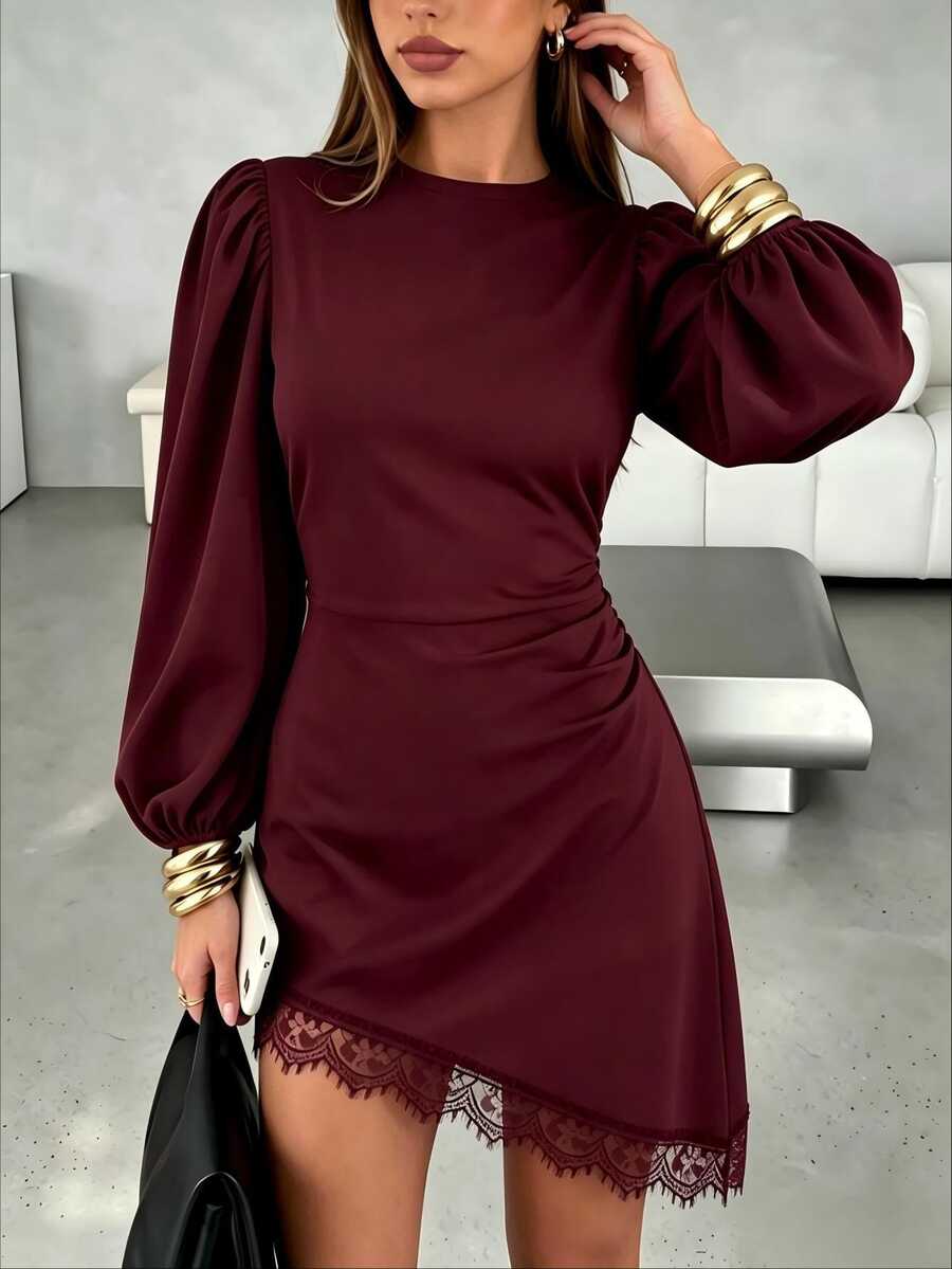 SHEIN LUNE Solid Black Round Neck Puff Long Sleeve Side Ruched Lace Hem Short Dress, Slim Fit Flattering Sexy Little Black Dress For Date, Party, Commute, Autumn/Winter - Burgundy - View 1