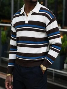 Manfinity Homme 男士條紋 Polo 領長袖休閒毛衣 - 彩色 - 查看 3
