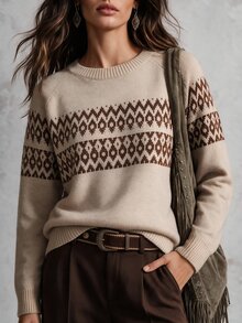 Solivie Women's Autumn/Winter Jacquard Fashion Long Sleeve Sweater - Camel - View 1