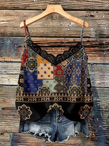 SHEIN VCAY Atasan Tank Top Cami Renda Motif Geometris Vintage Ukuran Plus - MultiWarna - View 1