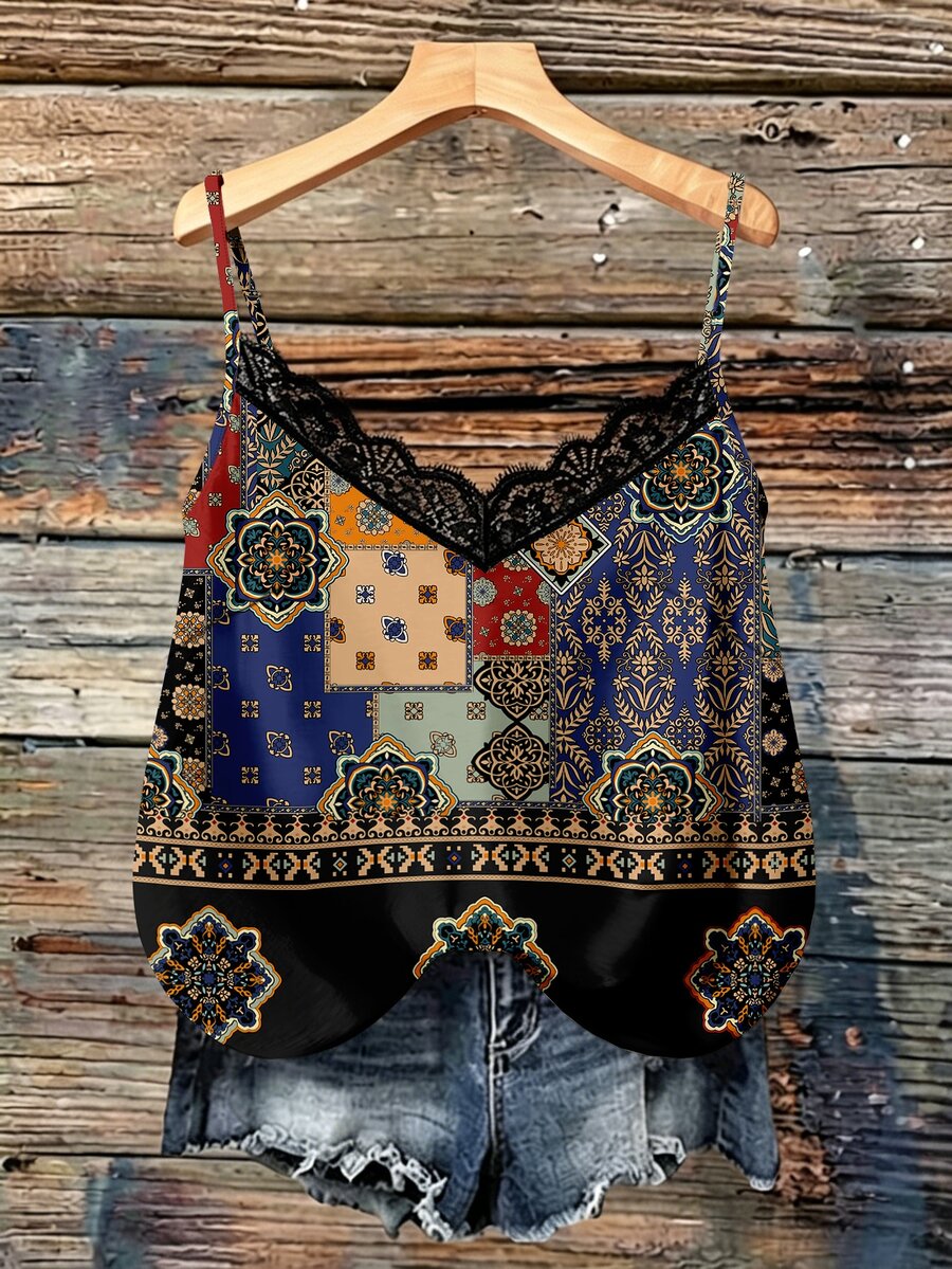 SHEIN VCAY Atasan Tank Top Cami Renda Motif Geometris Vintage Ukuran Plus - MultiWarna - View 1