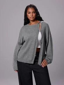 Rustia Plus Size Women's Button Up Stand Collar Long Sleeve Cardigan Sweater Jacket, Autumn/Winter Back To School - Grey - View 8