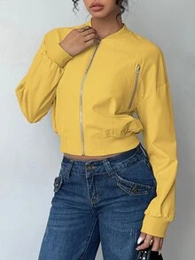 SHEIN LUNE 女款街頭風拉鍊長袖夾克，適合度假與旅行 - 淡黃色 - 查看 3