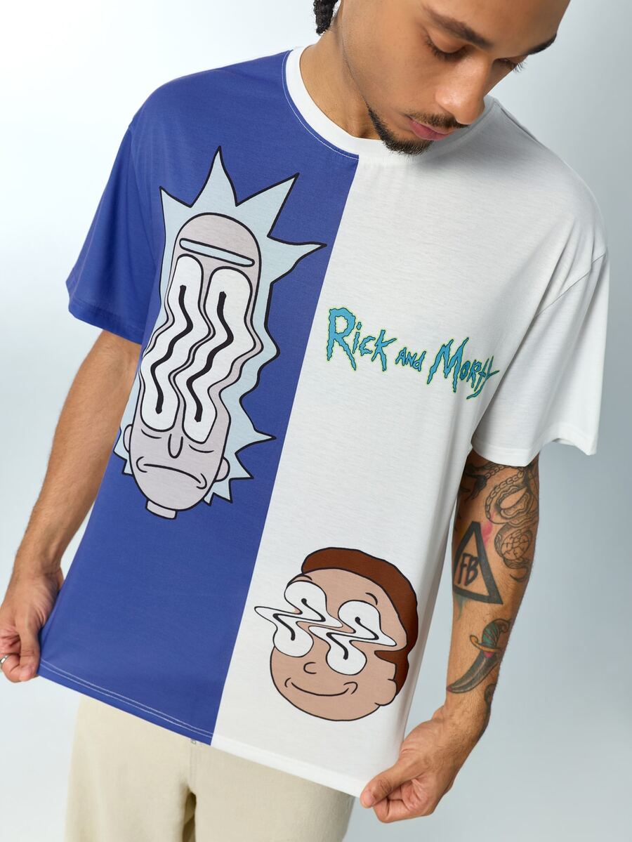Rick and Morty X SHEIN Men's Colorblock Crew Neck Short Sleeve Casual T-Shirt - White - View 1