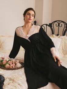 Côtesoire Plus Size Women's Contrast Lace Long Sleeve Elegant Nightgown - Black - View 5