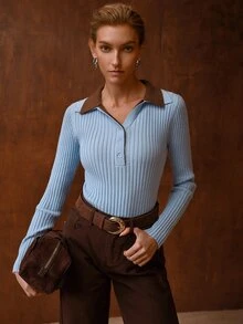 MOTF PREMIUM WOMEN'S COLORBLOCK LAPEL BUTTON HALF-PLACKET LONG SLEEVE RIBBED SWEATER - Baby Blue - View 6