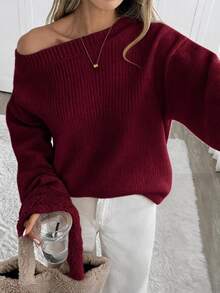 EMERY ROSE Women's Solid Color One Shoulder Long Sleeve Loose Sweater, Autumn/Winter - Burgundy - View 6