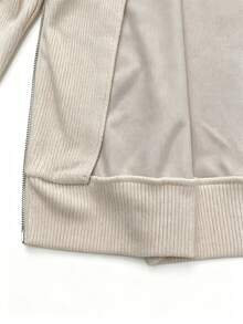 Breezaya Middle-Aged Women Solid Color Drop Shoulder Long Sleeve Zipper Front Drawstring Hooded Sweatshirt - Khaki - View 6