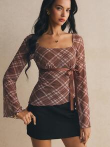Poéselle Women's Plaid Square Neck Raglan Flare Sleeve Fashion Top - Brown - View 8