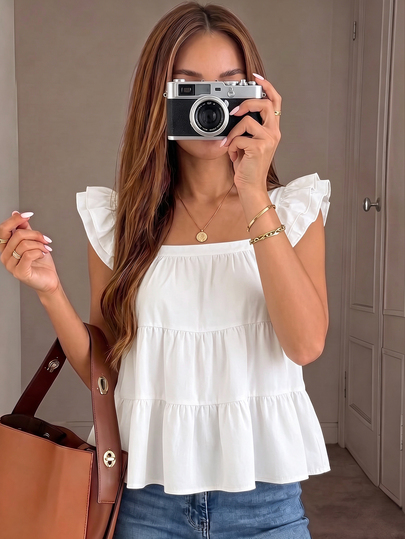 Camiseta sin mangas estilo muñeca para adolescente, blanca, nueva para primavera/verano, tejida a rayas, casual, para vacaciones, con bajo tipo paraguas y varias capas, ropa casual, conjunto de verano