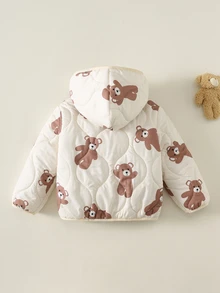 SHEIN 男女嬰兒/幼兒秋冬保暖加厚可愛熊圖案連帽填充外套，嬰兒冬季外套，抓絨加厚填充外套 - 杏色 - 查看 2