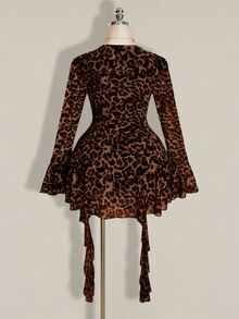 SHEIN ICON Women's Plus Size Leopard Print Ruffle Hem Dress - Brown - View 2