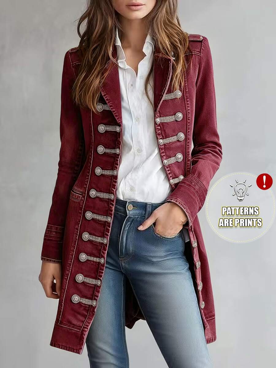 SHEIN New Vintage Military Style Double-Breasted Denim Effect Print ...