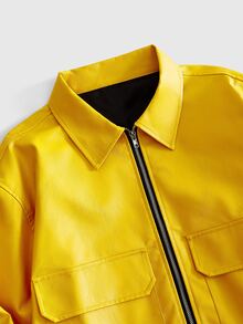 ROMWE MEN Street Life Men's Solid Color Long Sleeve Zipper Pocket PU Leather Casual Jacket - Yellow - View 3