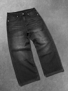 Manfinity EMRG Men's American Casual Commute Small Design Cement Dark Gray Washed Loose Straight Wide Leg Pants - Dark Grey - View 7