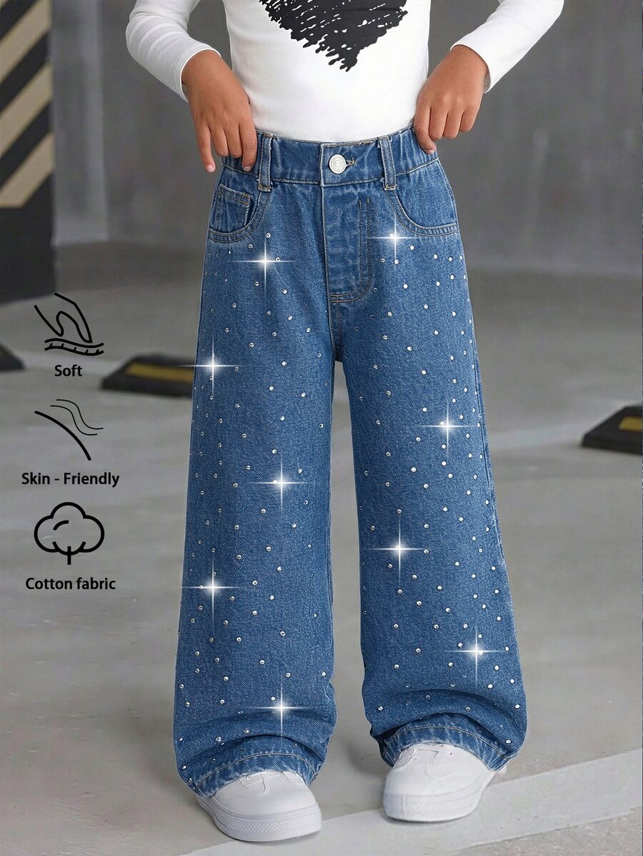 SHEIN Elladie kids 少女閃亮水鑽寬腿牛仔褲 秋季度假戶外派對牛仔褲 - 中等水洗藍 - 查看 1