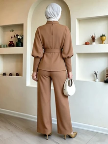 Celisse Women's Autumn/Winter Elegant Commute Metal Buckle Decor Shirt And Long Pants 2 Pieces Set - Camel - View 2