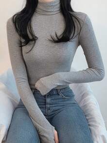 DAZY 女款高領修身長袖內搭底層T恤 - 灰色 - 查看 3