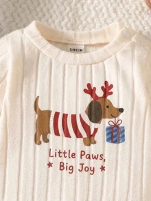 Baby Girl 2Pcs T-Shirt Set, Ribbed Crew Neck Dachshund Reindeer Graphic Long Sleeve Top & Allover Print Pants, Cute Christmas Newborn Outfit - Multicolor - View 5