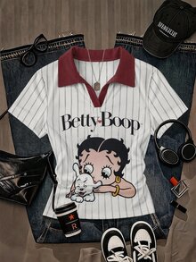 Attitoon Betty Boop x SHEIN 女款 Betty 聯名印花圖案 T 恤，適合外出、街頭穿搭、機場造型、時尚、返校、Y2K、派對、海灘度假、節日 - 彩色 - 查看 7