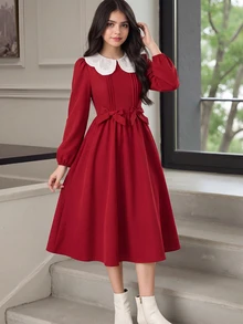 SHEIN Tween女孩秋冬紅色長袖3D蝴蝶結裝飾翻領洋裝，復古學院風精緻3D蝴蝶結裝飾翻領洋裝 - 酒紅色 - 查看 5