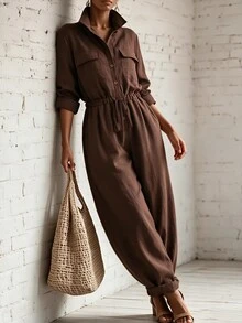 Trelyra Women's Brown Vintage Jumpsuit With Waist Cinched Design, Suitable For Outings, Commuting, Holidays, Autumn Wear - Brown - View 6