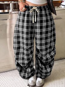 Muchica 黑白格紋大尺碼女款寬腿長褲（90年代復古/媽媽風），抽繩收腰與百褶設計，適合秋季早午餐或正式約會 - 黑與白 - 查看 4