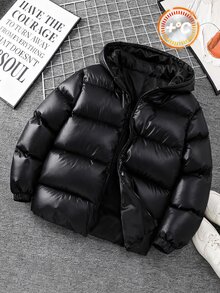 SHEIN 青少年男孩休閒舒適百搭厚款連帽外套，適合冬季穿著 - 黑色 - 查看 2